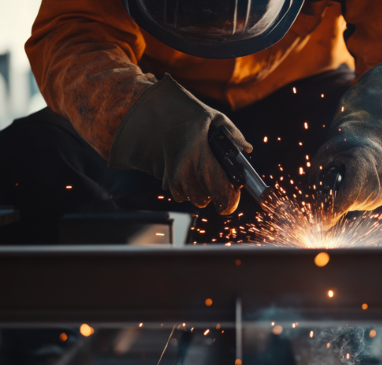 welder gloved hand with welding tool welding metal